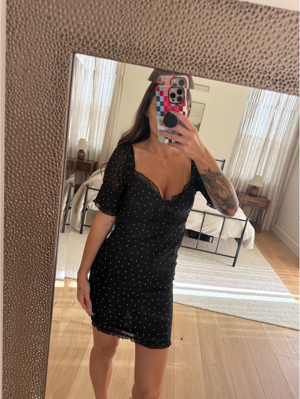 Nasty Gal Black Polka Dot Bustier Puff Sleeve Mini Dress Size 4